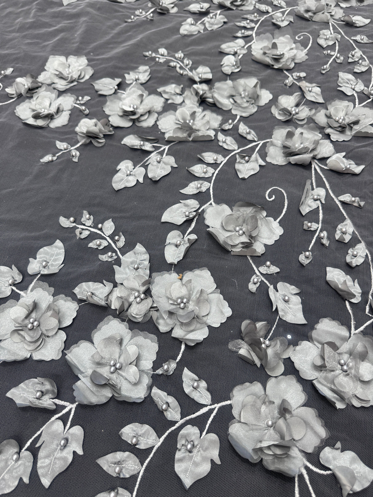 Beaded Lace Mesh Silver 3D Flower