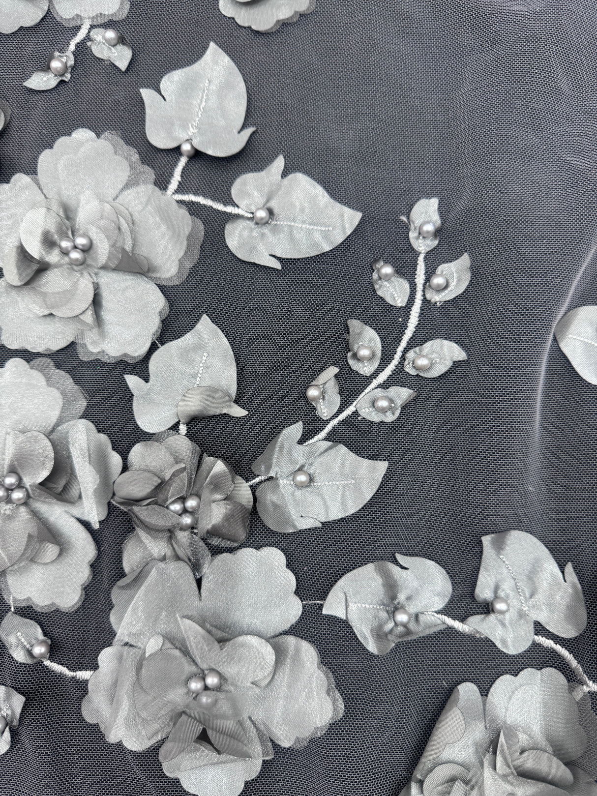 Beaded Lace Mesh Silver 3D Flower