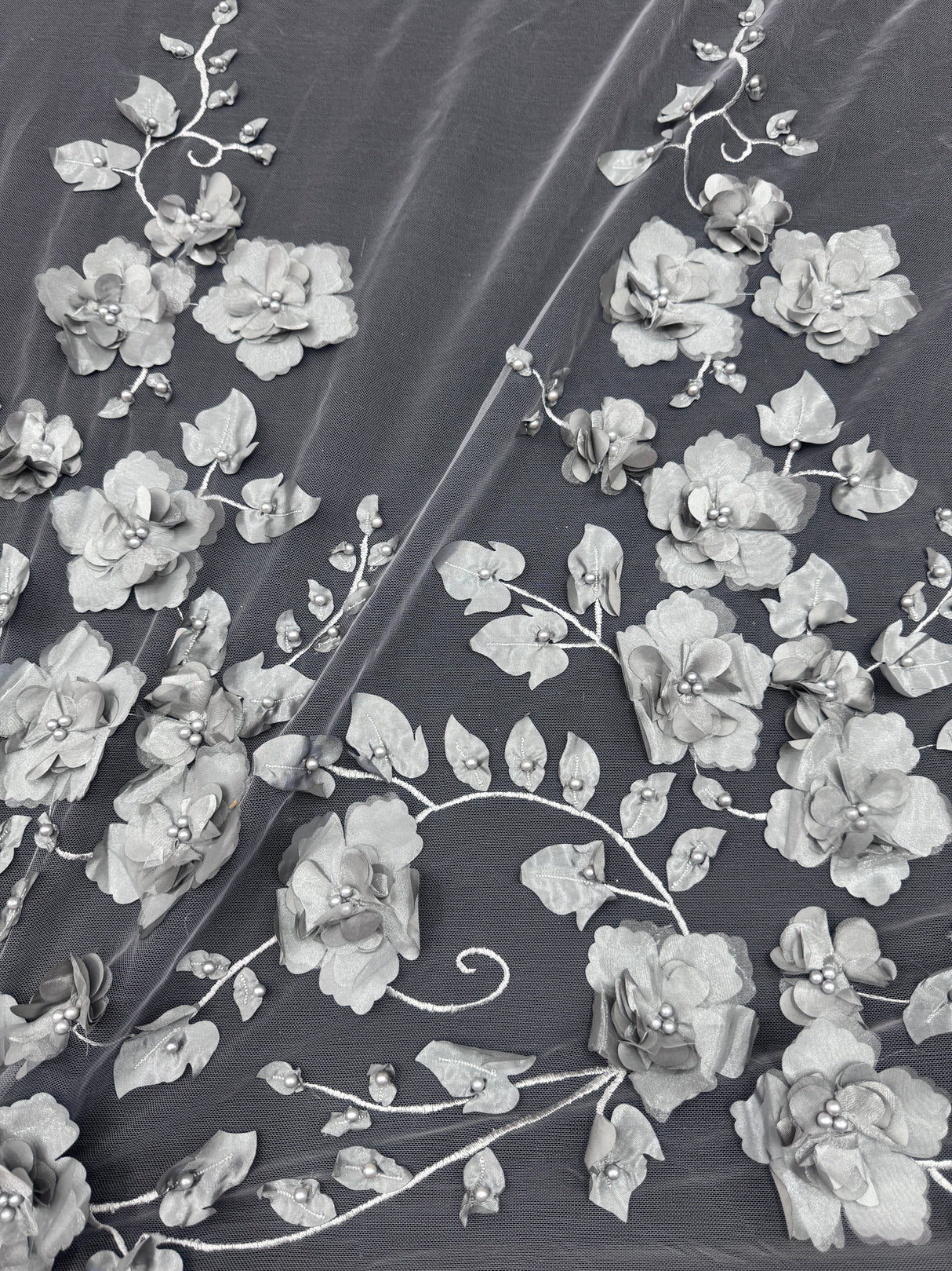 Beaded Lace Mesh Silver 3D Flower