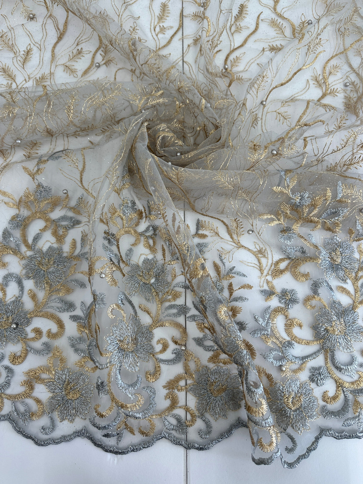Embroidered Glitter Floral Scalloped Lace