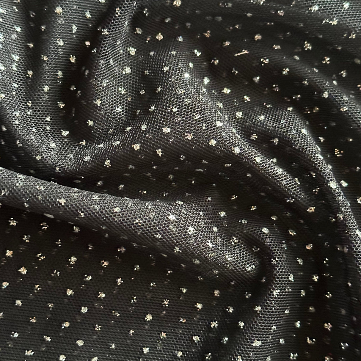 Power Mesh Nylon Spandex Glitter Fabric Black Silver 60"