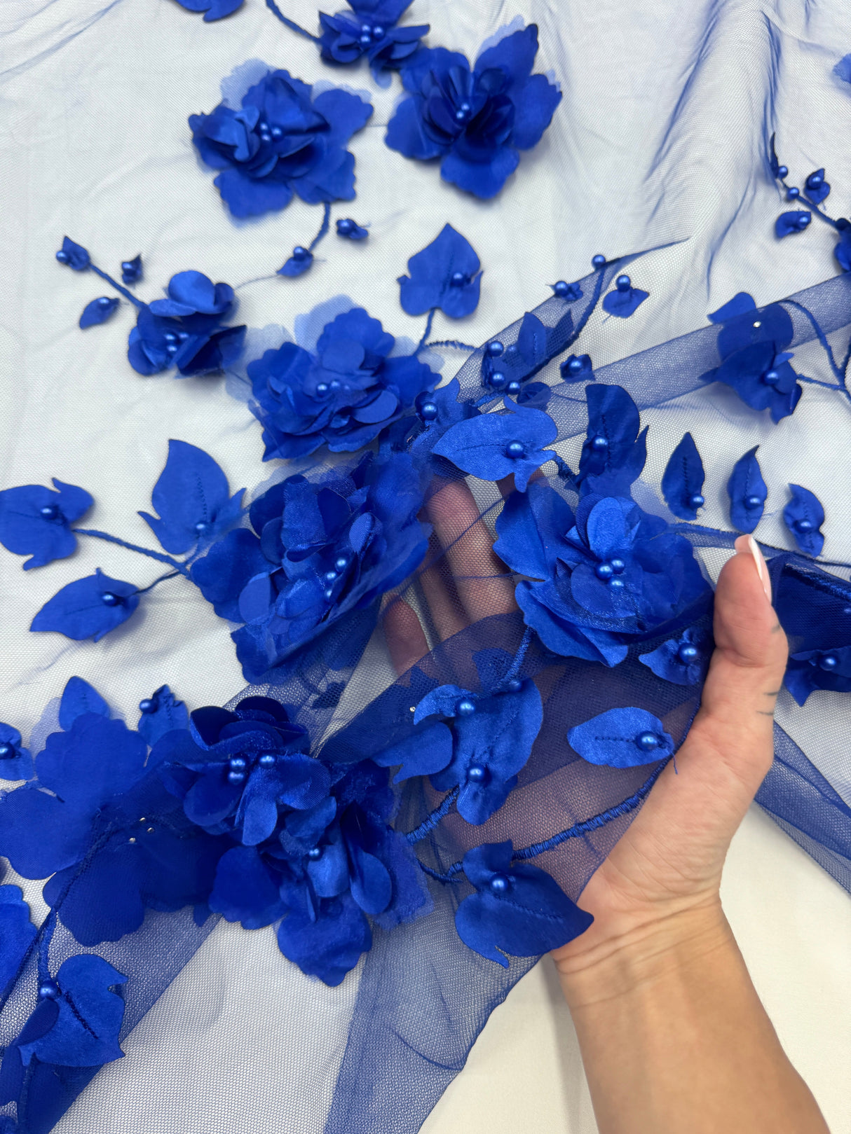 Beaded Lace Mesh Royal Blue 3D Flower