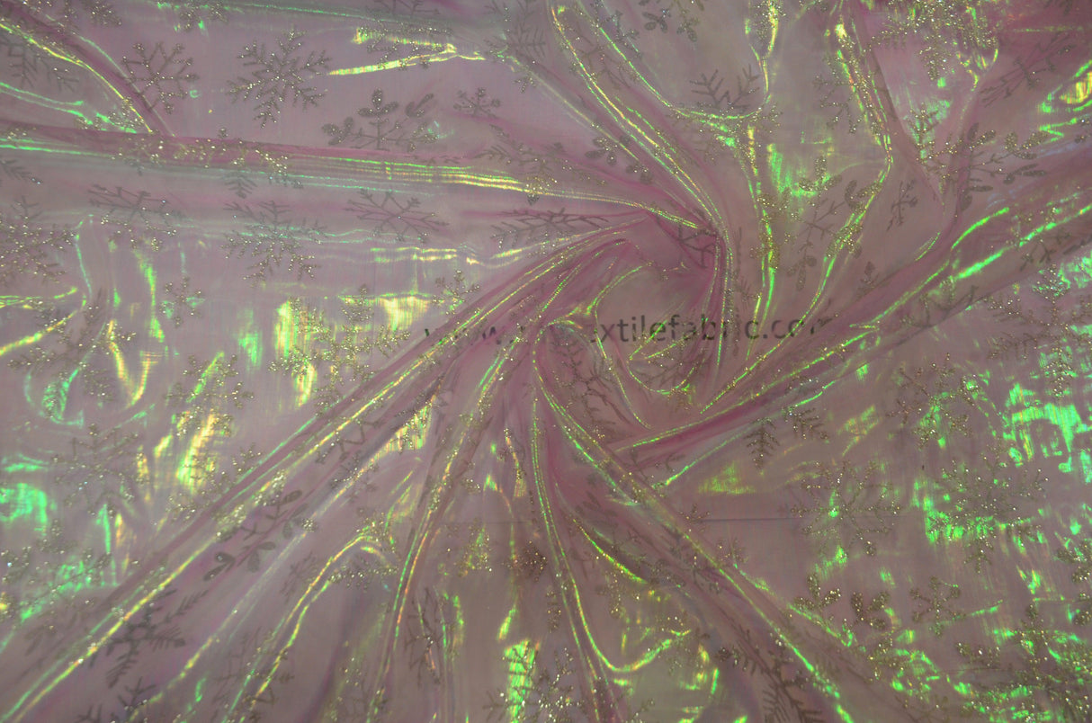 Glitter Snowflake Organza Polyester Fabric - Iridescent Sheer Christmas Snowflake, 58/60" Width (1 Yard)