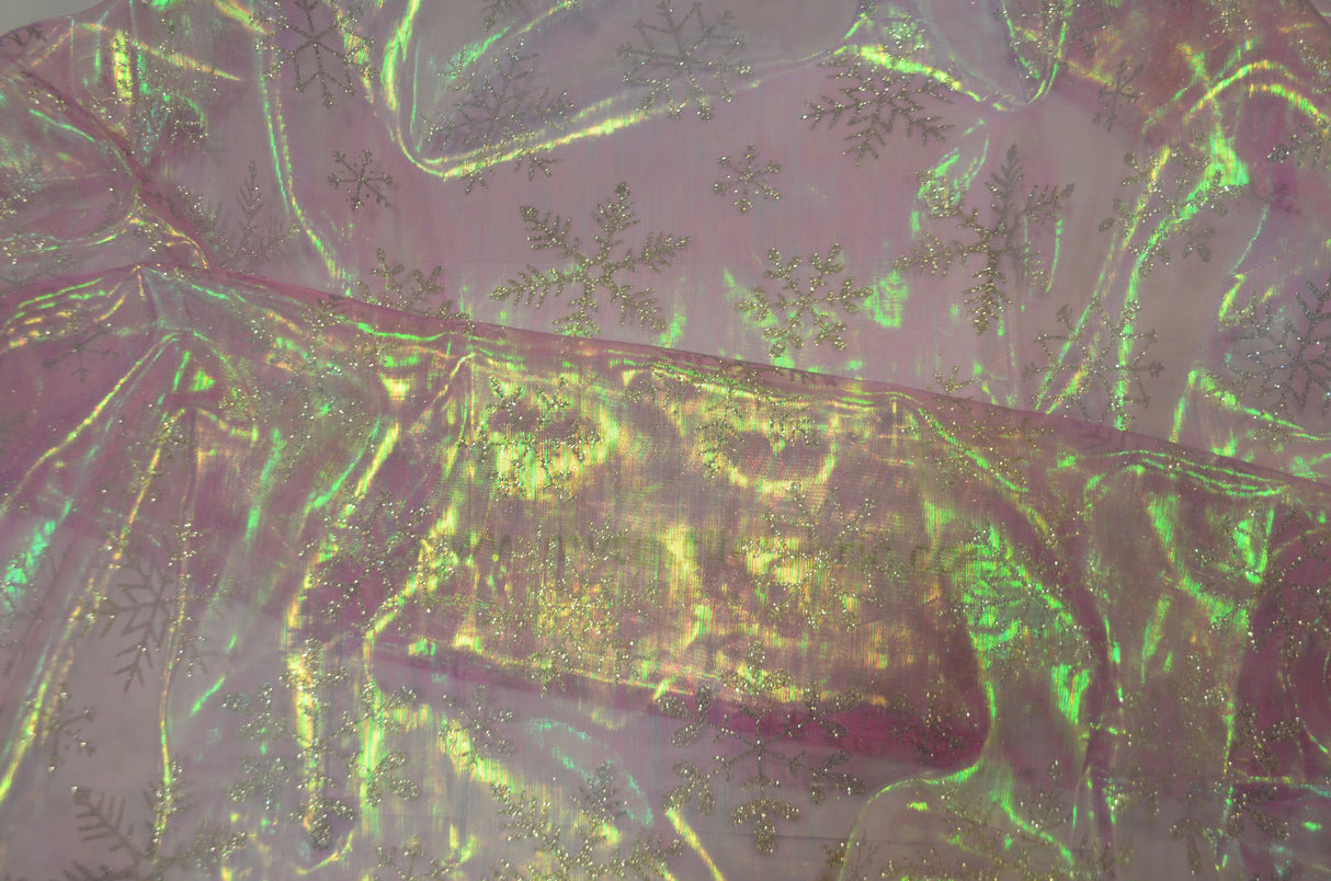 Glitter Snowflake Organza Polyester Fabric - Iridescent Sheer Christmas Snowflake, 58/60" Width (1 Yard)
