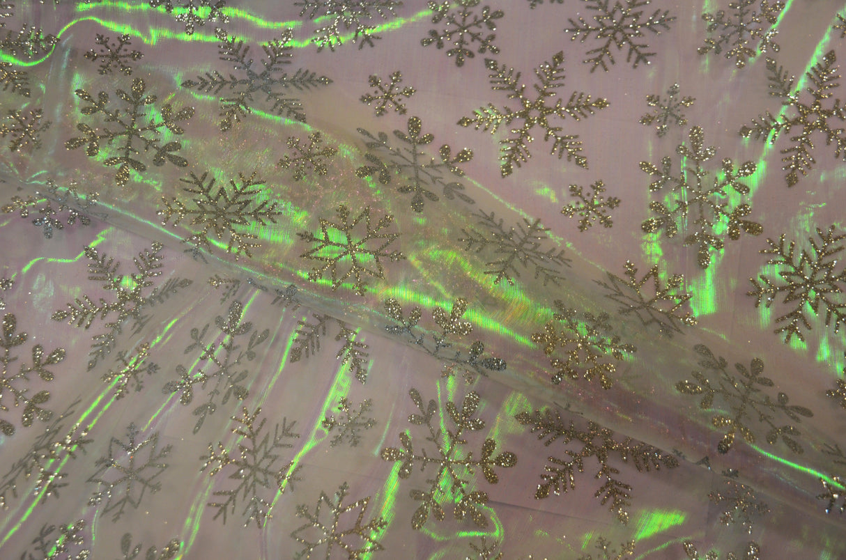 Glitter Snowflake Organza Polyester Fabric - Iridescent Sheer Christmas Snowflake, 58/60" Width (1 Yard)