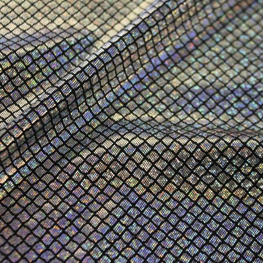 Illusion Foil Printed Nylon Spandex Fabric - Holographic Foil, Black/Black, 54" Width (1 Yard)