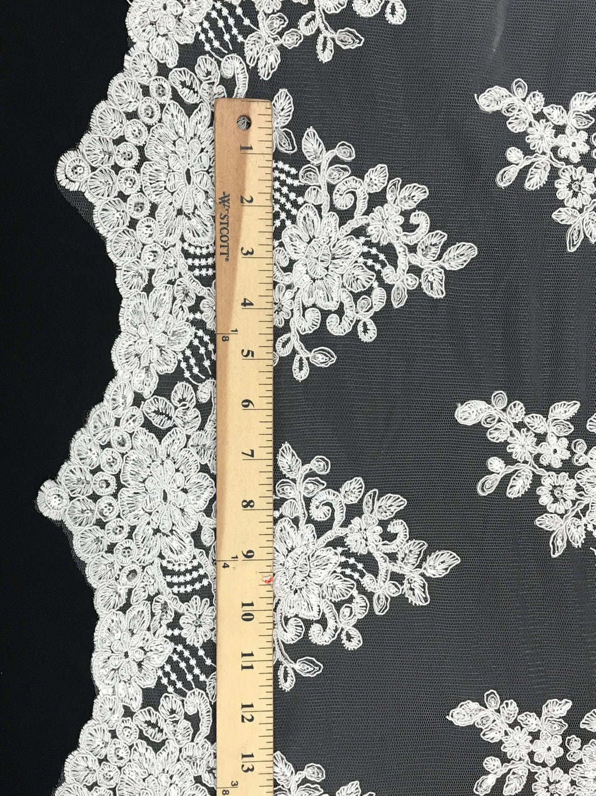 Imperial White Lace Polyester Fabric - White Mesh Net Corded Embroidered With Small Clear Iridescent Sequins, 53/54" Width