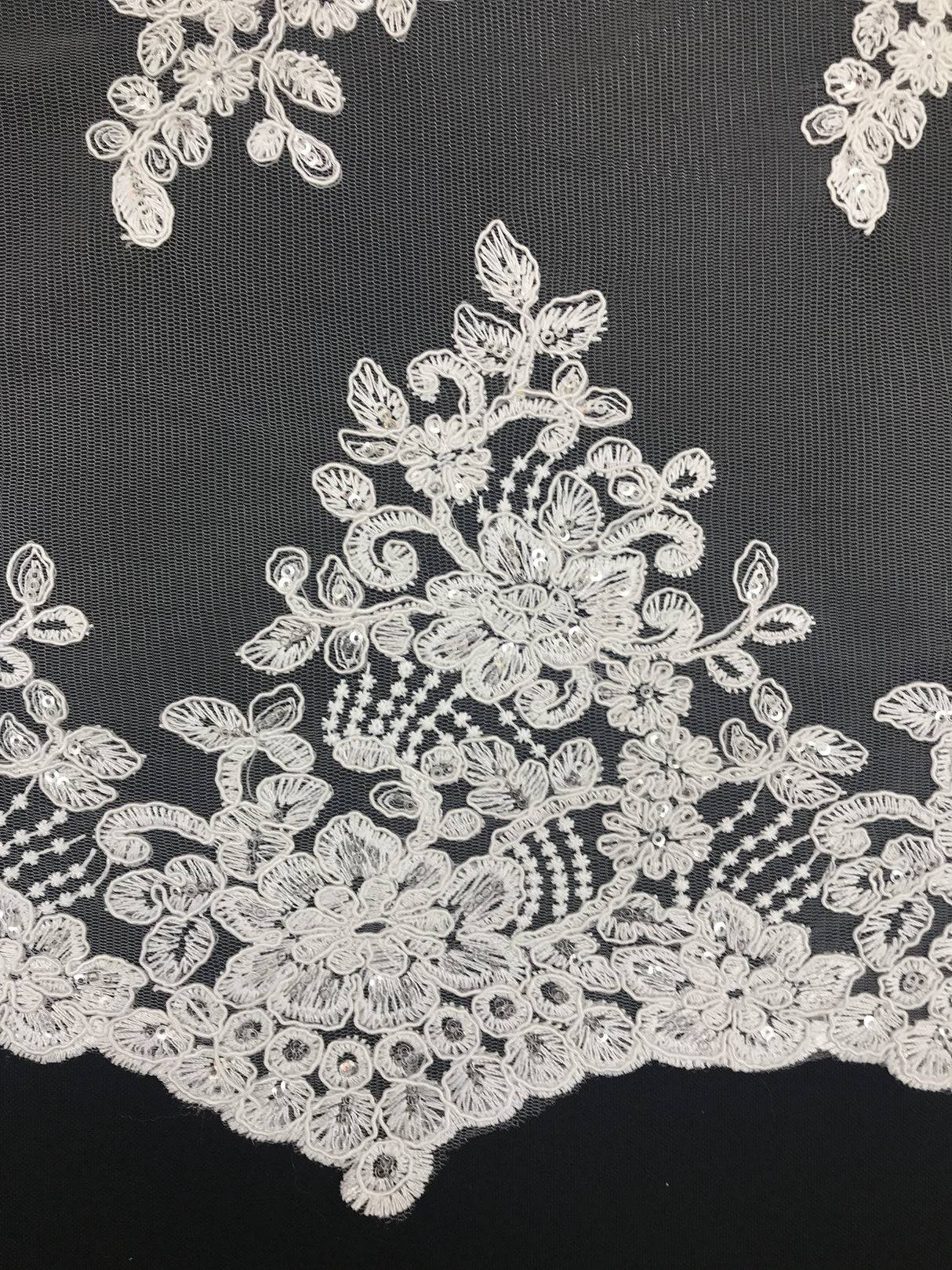 Imperial White Lace Polyester Fabric - White Mesh Net Corded Embroidered With Small Clear Iridescent Sequins, 53/54" Width