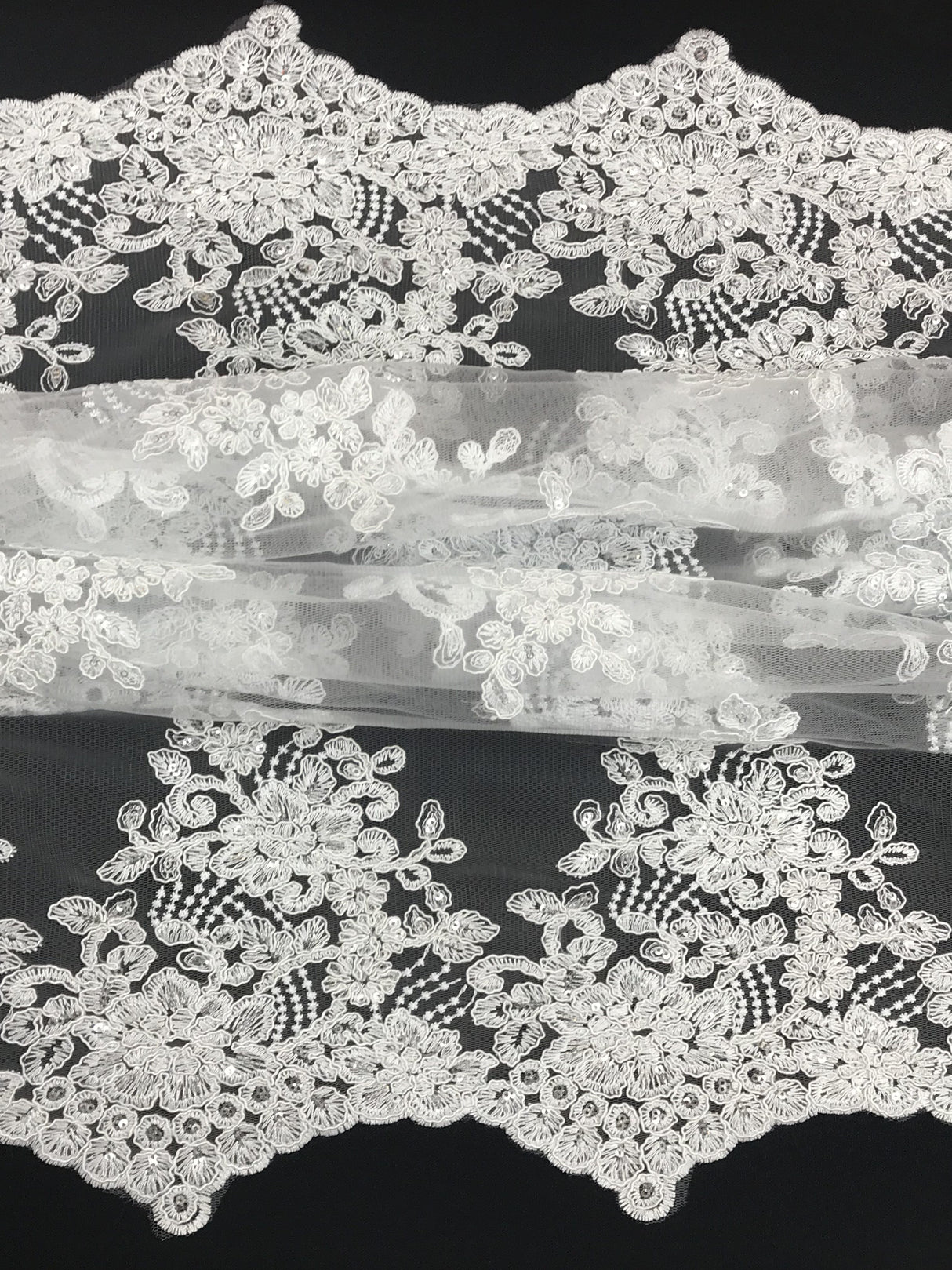 Imperial White Lace Polyester Fabric - White Mesh Net Corded Embroidered With Small Clear Iridescent Sequins, 53/54" Width