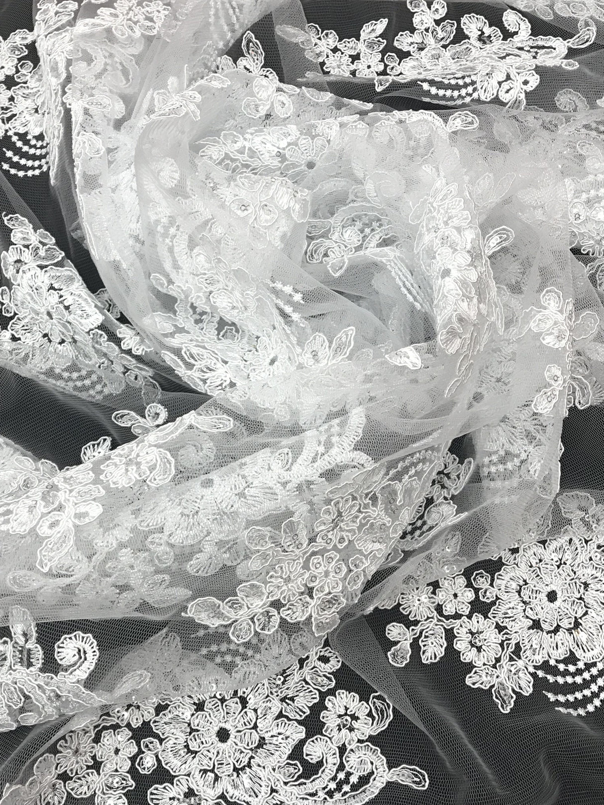Imperial White Lace Polyester Fabric - White Mesh Net Corded Embroidered With Small Clear Iridescent Sequins, 53/54" Width