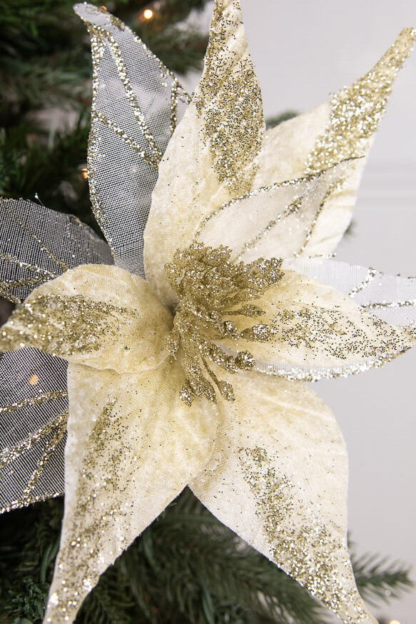 20” x 11.5" Velvet Sheer Glitter Edge Poinsettia Stem