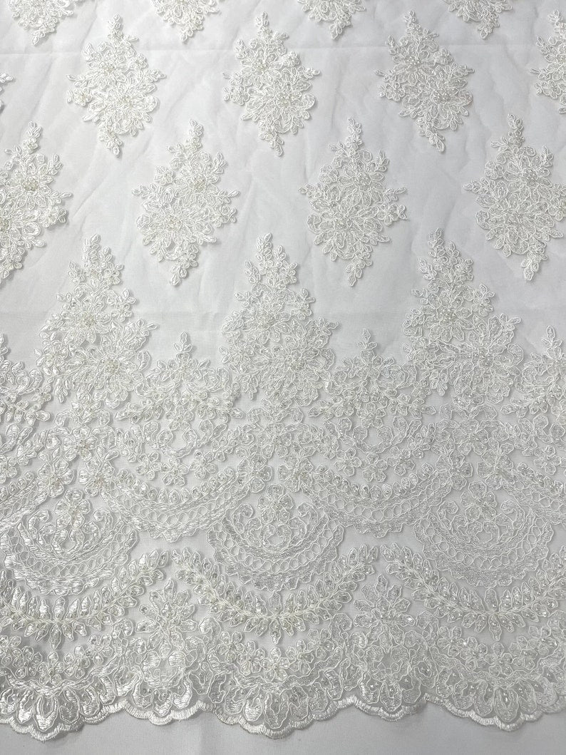 Erin Diamond Beaded Metallic Floral Embroidered Mesh Lace Fabric - Metallic Floral Beaded Embroidery, 50-54" Width (1 Yard)