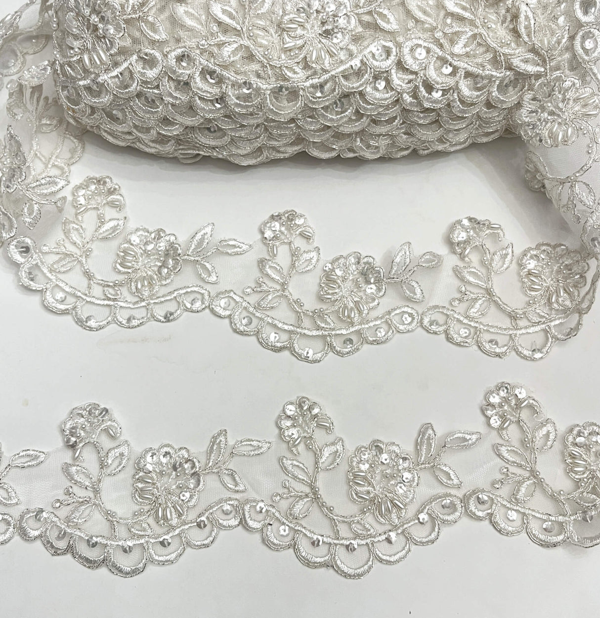 Beaded Corded Lace Trim Ivory