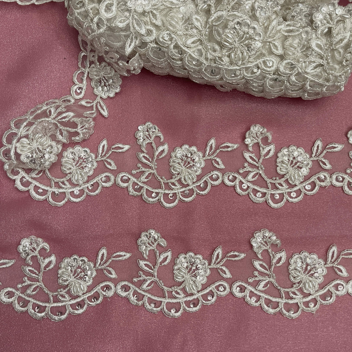 Beaded Corded Lace Trim Ivory
