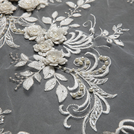 1 Yard Tulle Lace Fabric Embroidered Applique 3D Floral Design Elegant Look 52" Wide