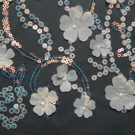 1 Yard 52" Wide Tulle Lace Fabric Embroidered with Stunning 3D Floral Appliqué