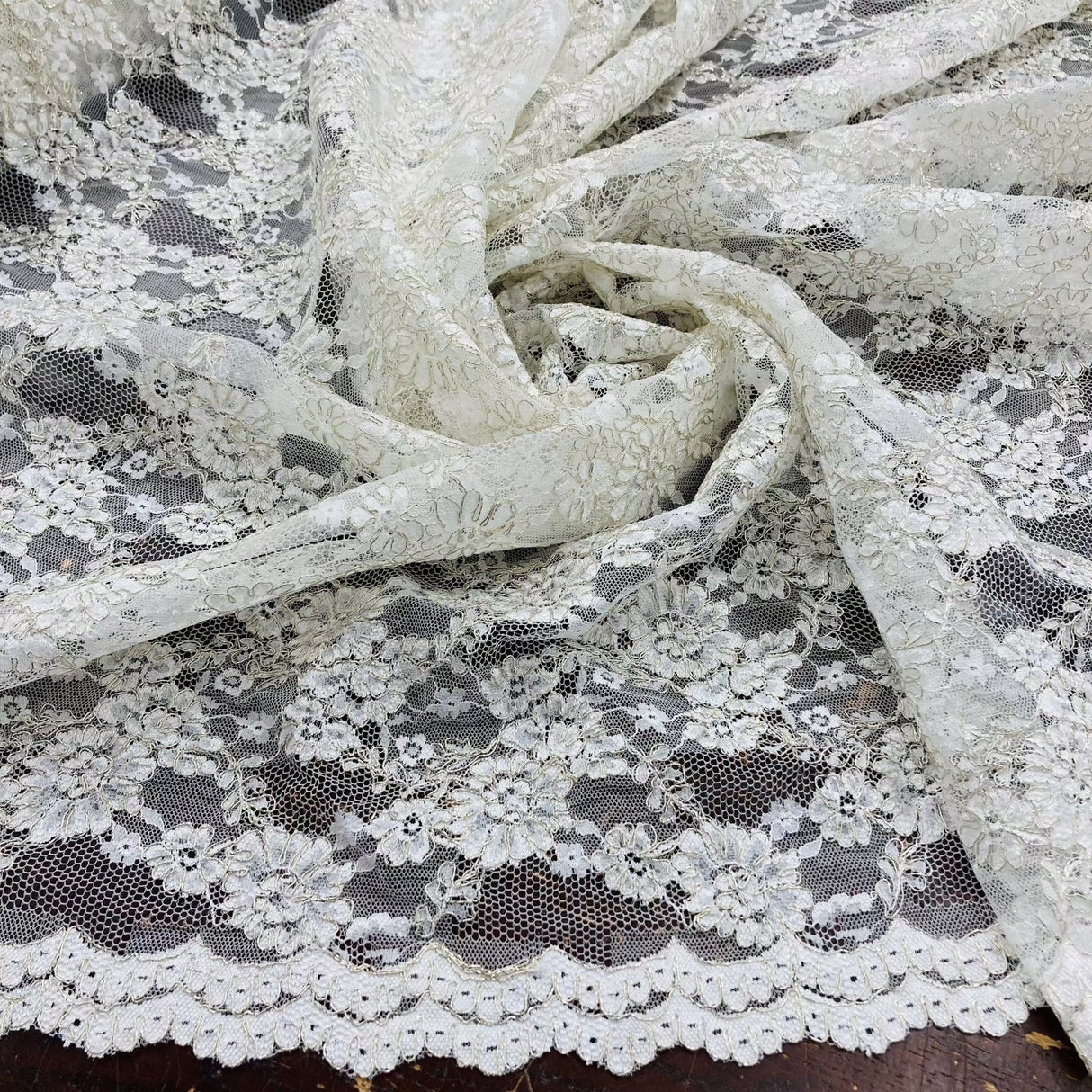 Corded Bridal Lace Fabric - Floral Embroidered Net Mesh, 54" Width (1 Yard)