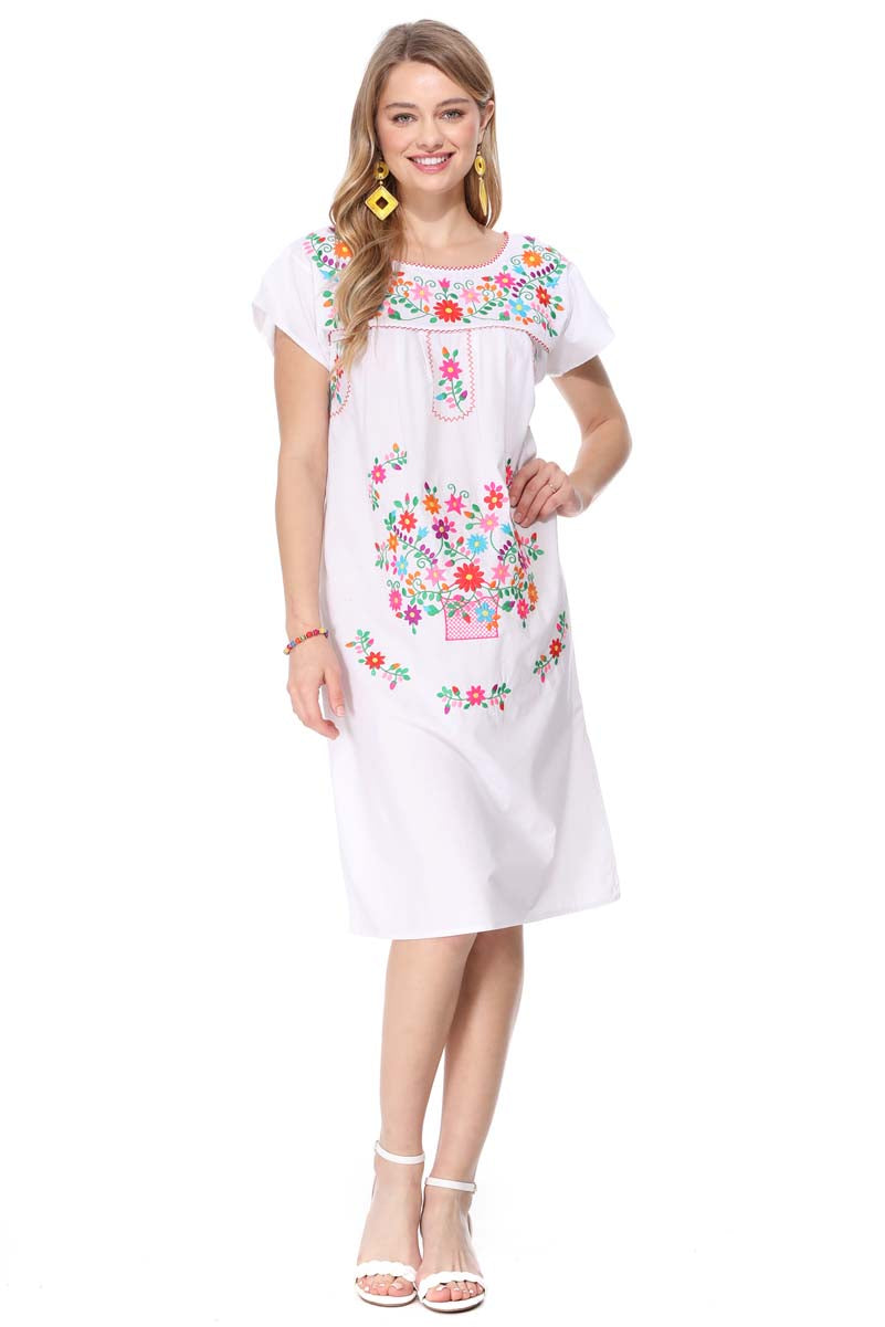 Unik Embroidered Traditional Mexican Dress Cotton Fabric - Detailed Embroidery, Multiple Colors, S-M-L-XL-2XL-3XL (1 Piece)