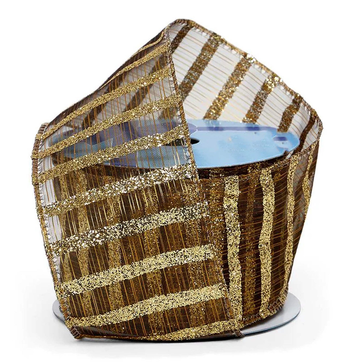 Sparkling Stripes On Sheer Wired Ribbon 2 1/2 '' X 10 yd Old Gold Color 1 / roll