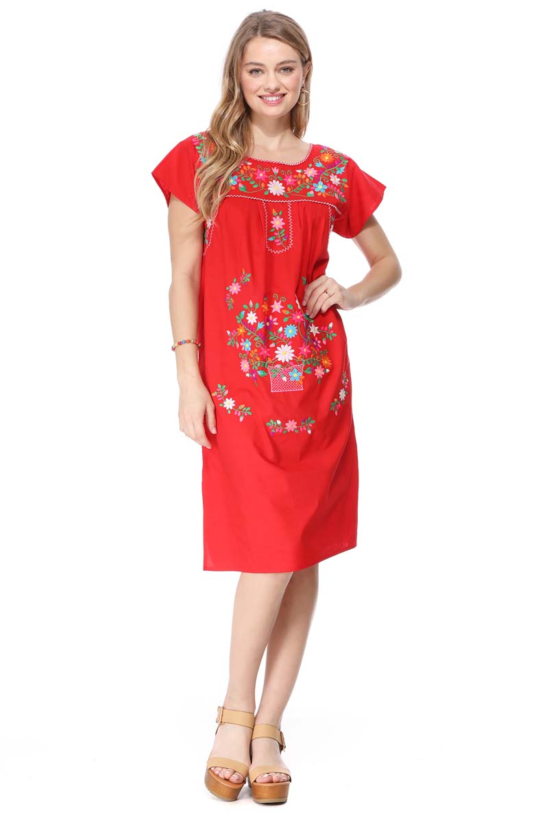 Unik Embroidered Traditional Mexican Dress Cotton Fabric - Detailed Embroidery, Multiple Colors, S-M-L-XL-2XL-3XL (1 Piece)
