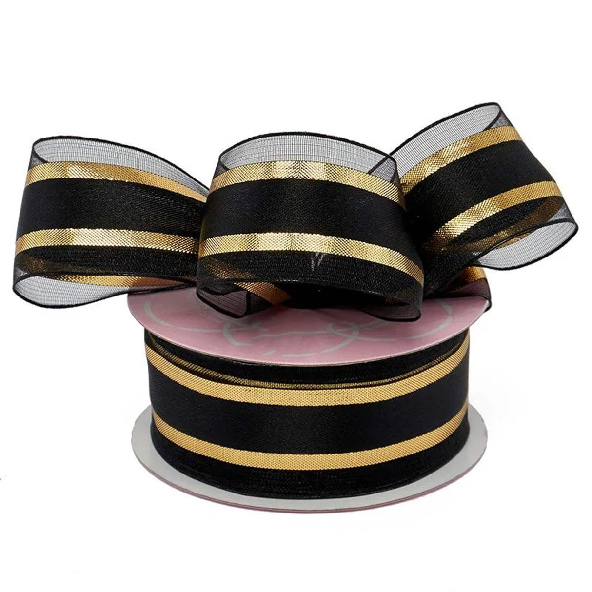 Metallic Edged Satin Center Ribbon 1 1/2 '' X 25 yd Black / Gold Color 1 / roll