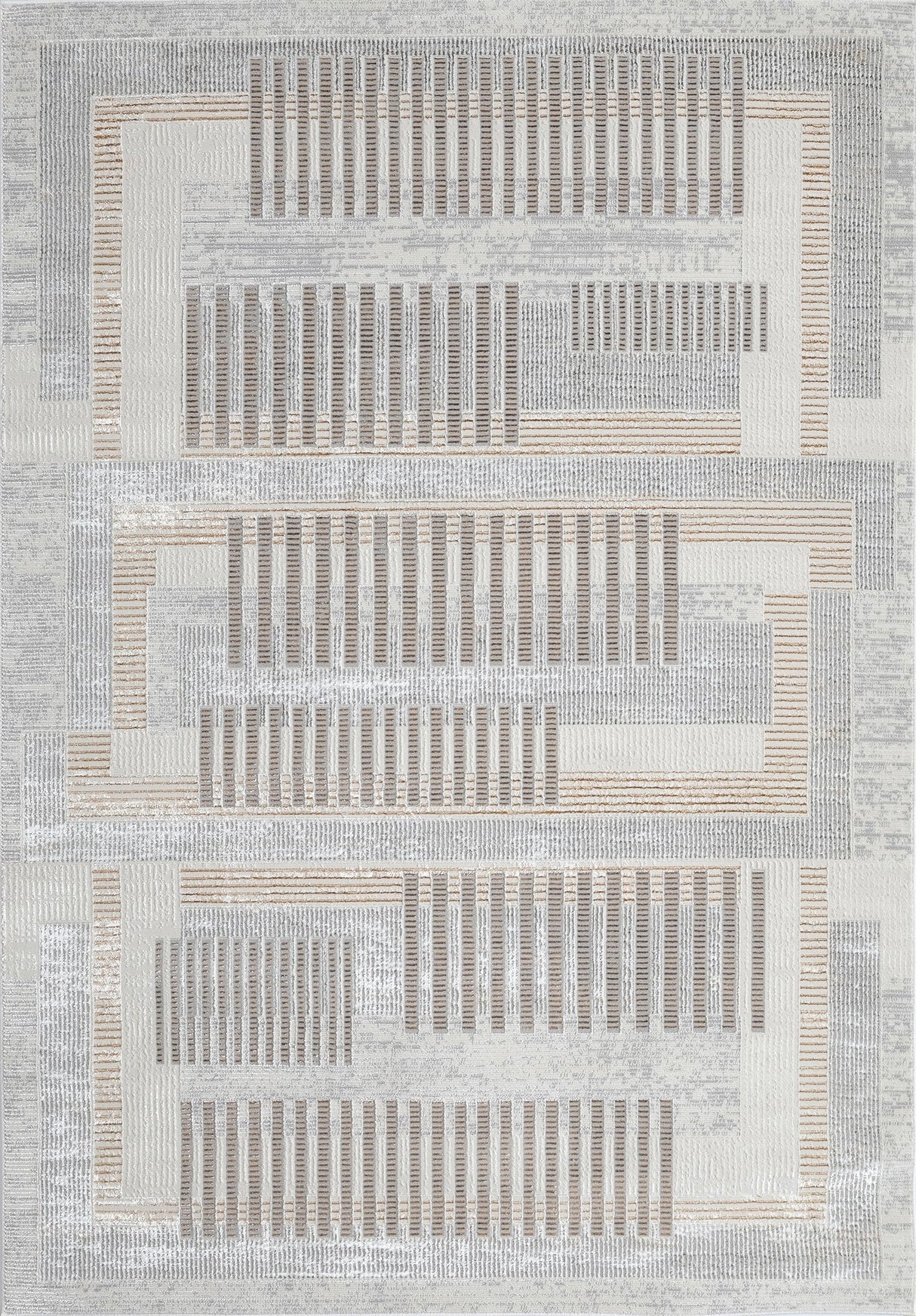 KAI 204 Polyester Fabric - Cream-Based Bronze, Ivory, Grey Geometric Detailing, 5' 3" x 7' 4", 7' 9" x 10' 9", 10' x 13' (3 Sizes)