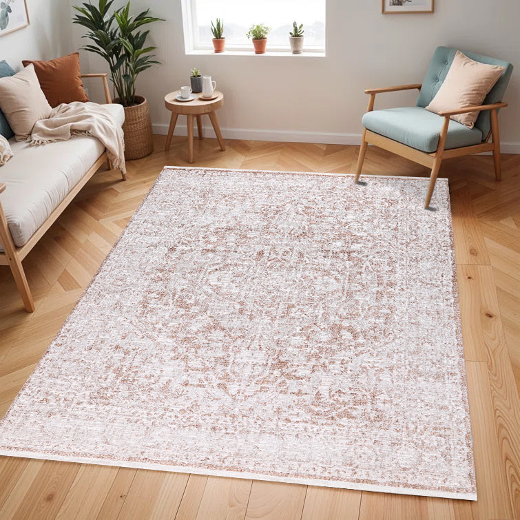 KAI 300 Polyester Rug - Cream Base, Textured Brick-Toned Oriental Motif, Grey Highlights, 5' 3" X 7' 4", 7' 9" X 10' 9", 10' X 13' (1 Unit)