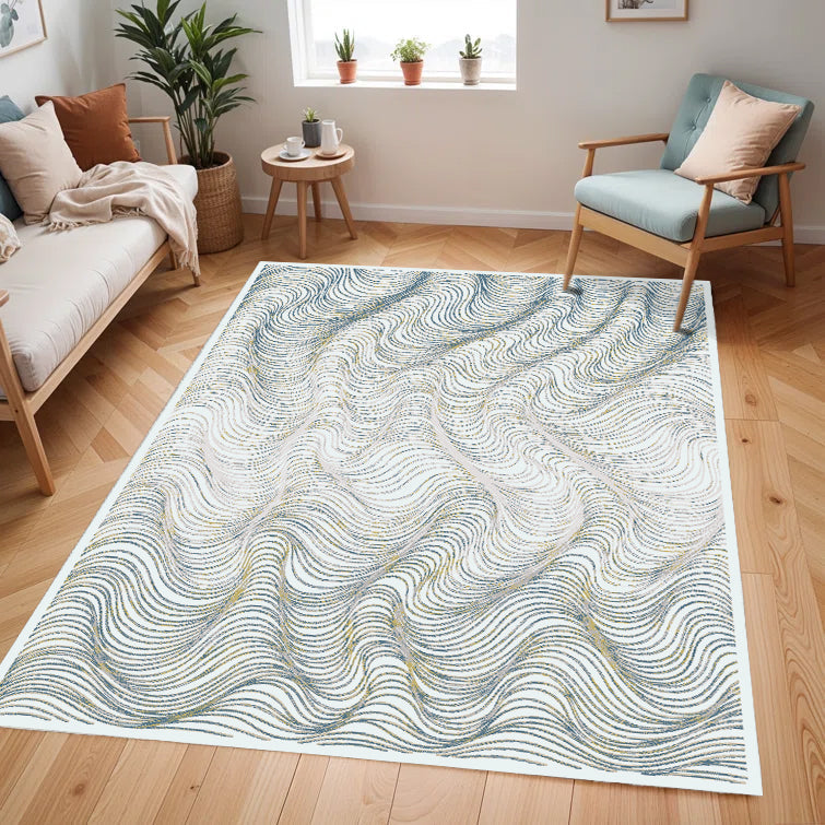 KAI 304 Polyester Fabric - Cream Rug With Blue, Gold-Brown & Silver Viscose Swirl Accents, Machine Made (5' 3" X 7' 4" / 7' 9" X 10' 9" / 10' X 13")