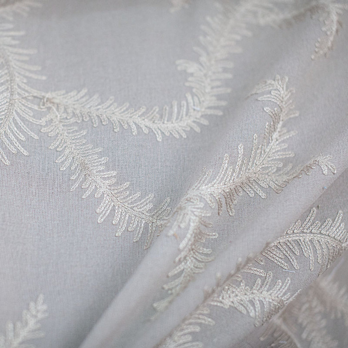 Karen Embroidered Floral Sheer Polyester Fabric - Beige, Ivory, White, Flax, 110" Width (1 Yard)