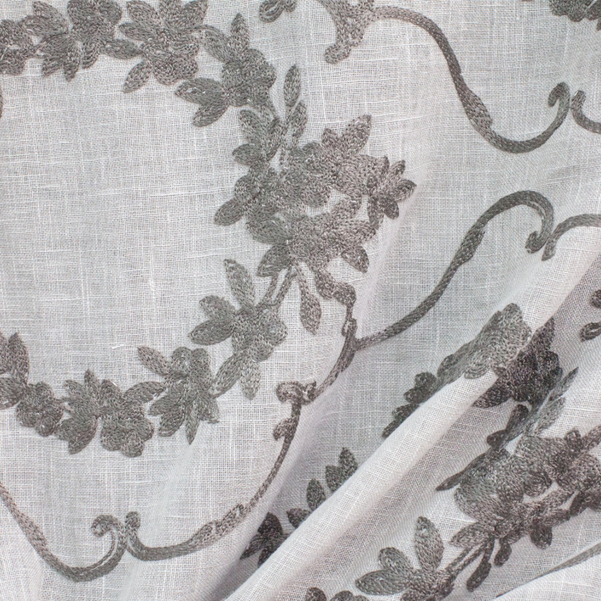 Kelly Embroidered Floral Sheer Polyester Fabric - Beige, Gray, Ivory, White, Flax, 110" Width (1 Yard)