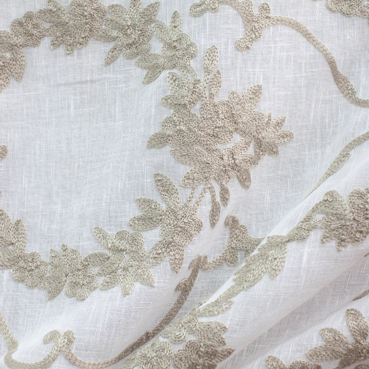 Kelly Embroidered Floral Sheer Polyester Fabric - Beige, Gray, Ivory, White, Flax, 110" Width (1 Yard)
