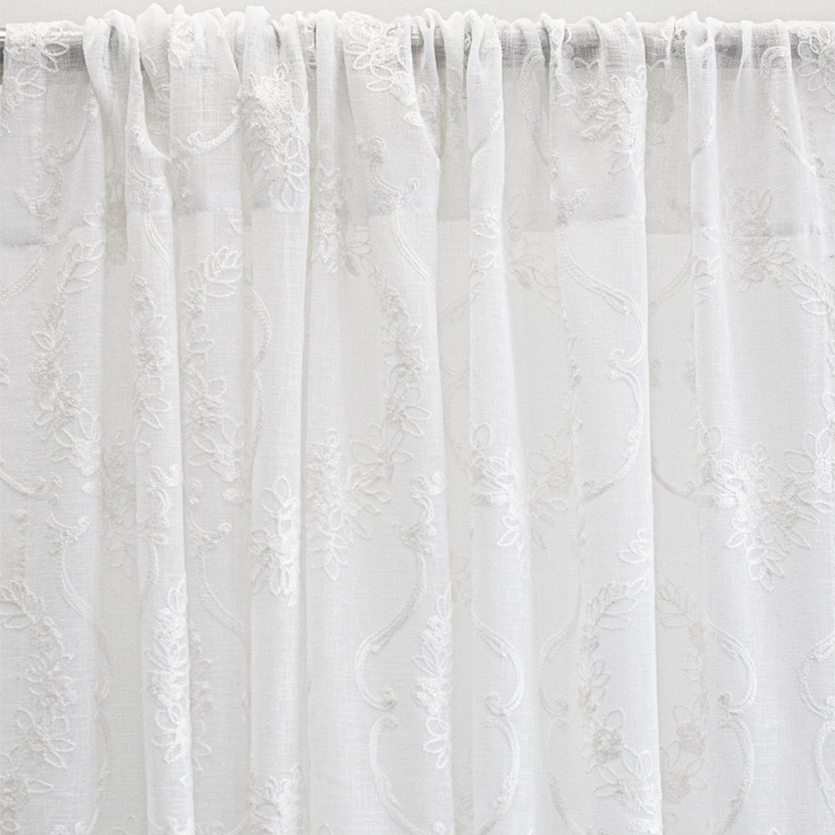 Kelly Embroidered Floral Sheer Polyester Fabric - Beige, Gray, Ivory, White, Flax, 110" Width (1 Yard)