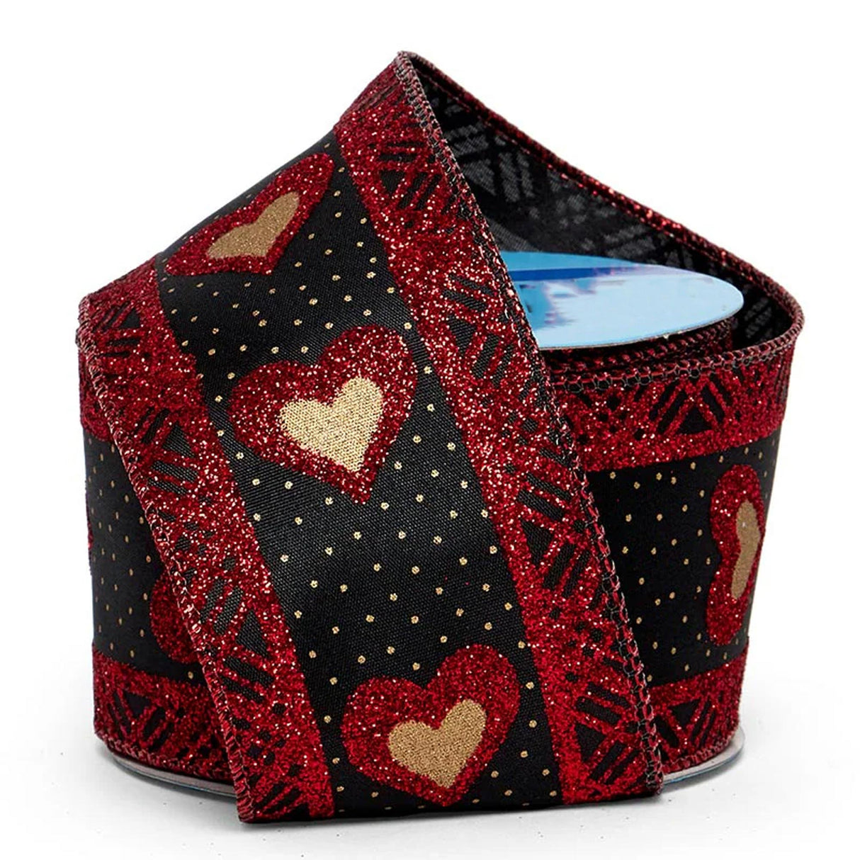 Glitter Hearts & Dots On Wired Ribbon 2 1/2 '' x 10 yd Red / Black Glitter Color 1 / ROLL