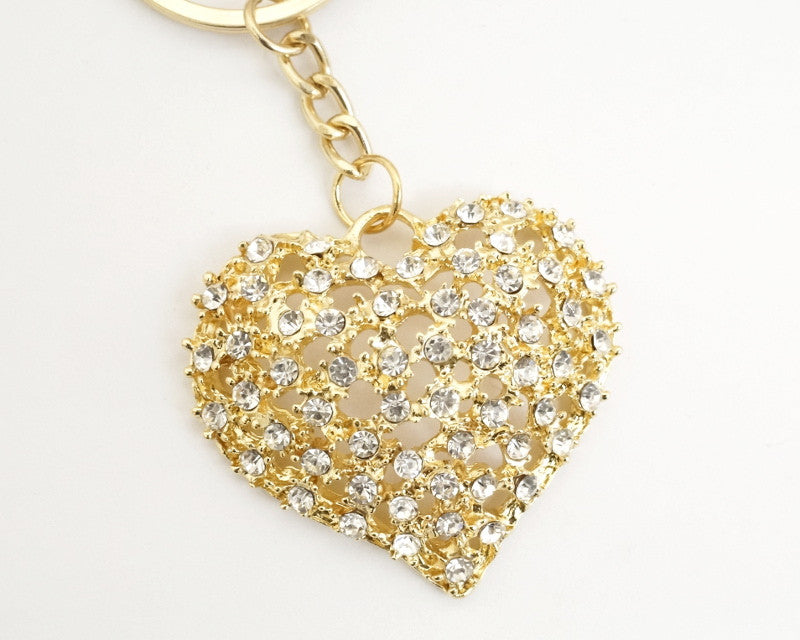 Golden Heart Crystal Rhinestone Keychain 4 Inch 12pcs