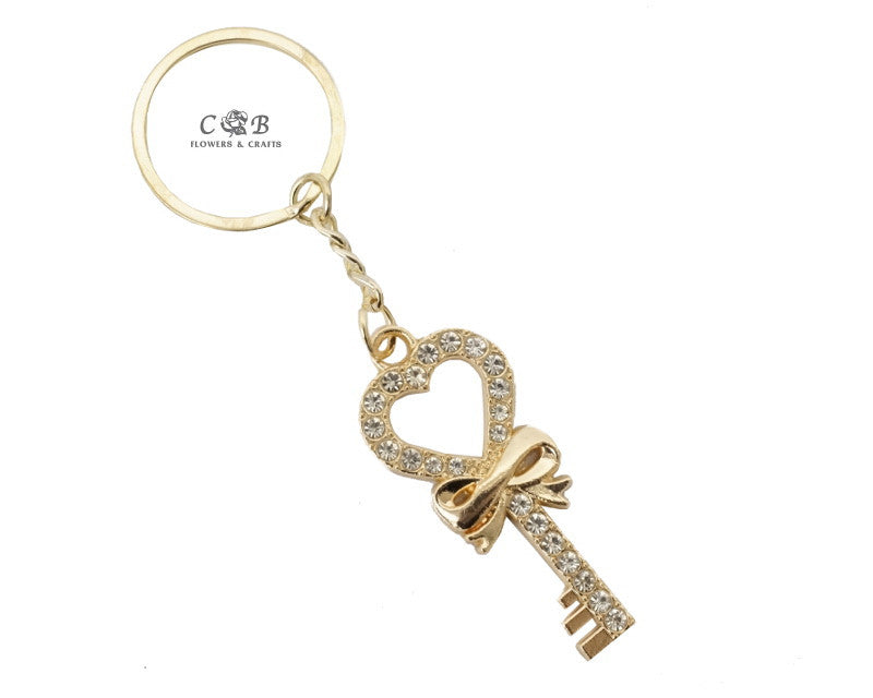 4" Gold Key with Bow Crystal Rhinestone Keychain - Pack of 12