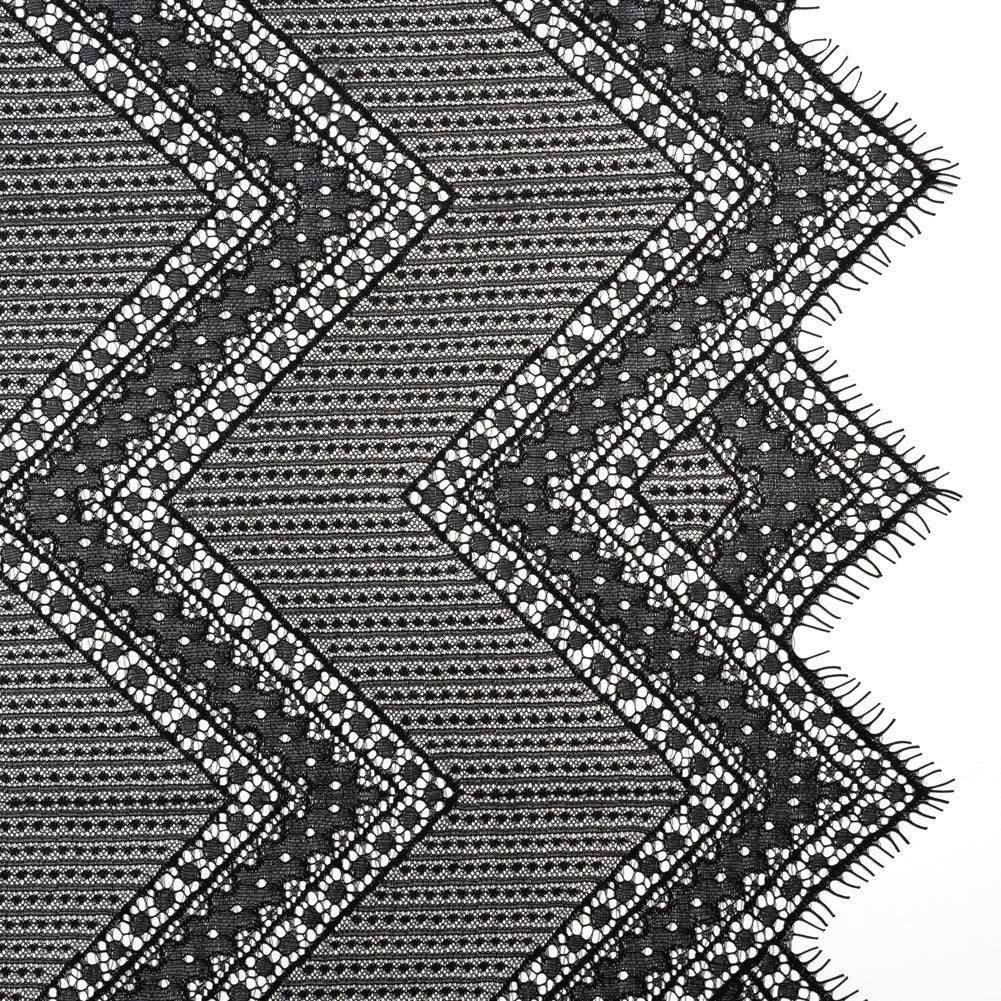Recycled Nylon Raschel Lace Panel With Finished Edges - Black Geometric Chevrons