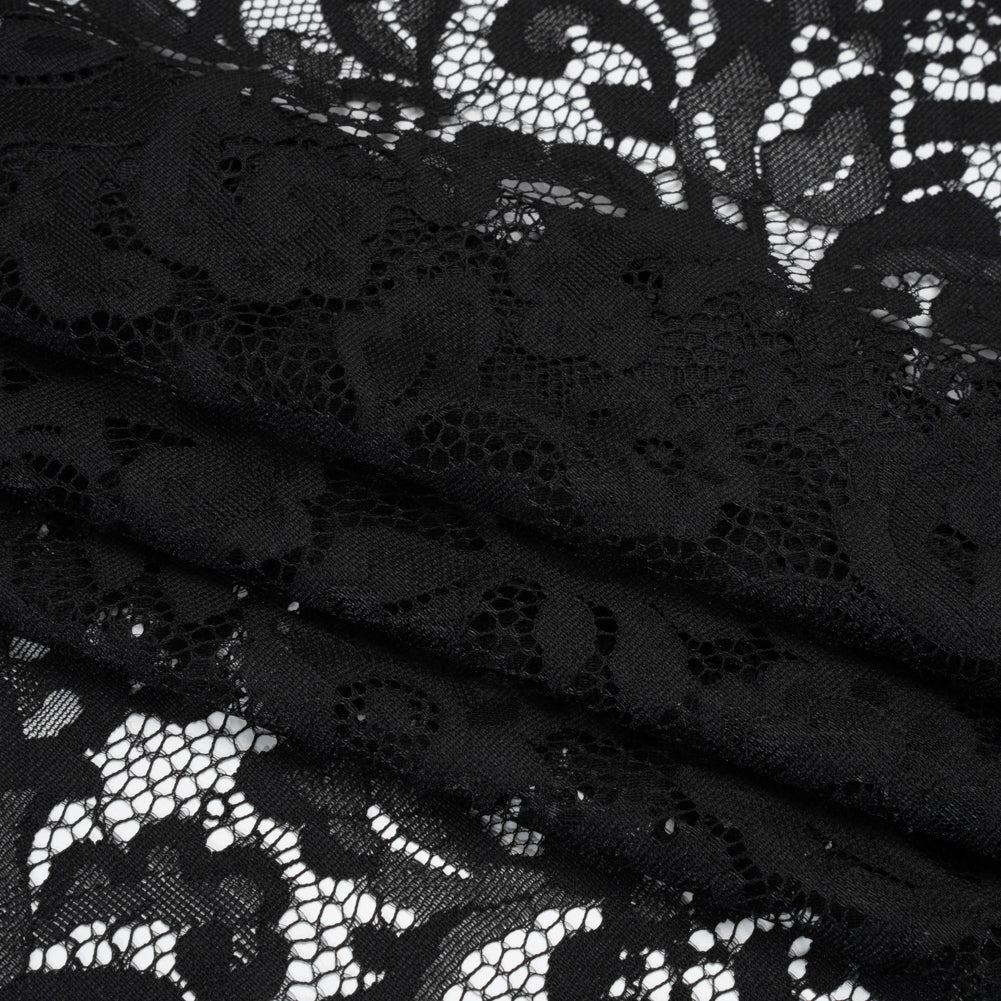 Nylon and Rayon Raschel Lace Panel with Finished Edges - Black Florals and Curls