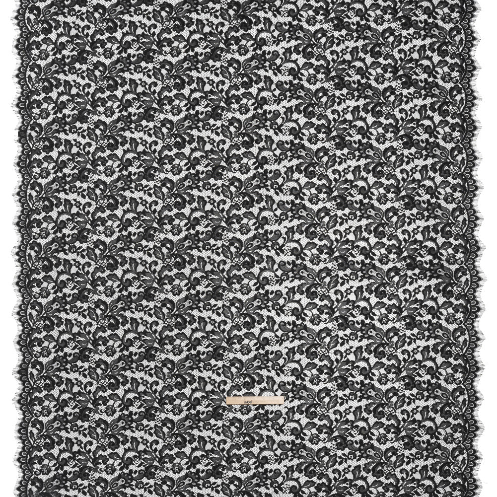 Nylon and Rayon Raschel Lace Panel with Finished Edges - Black Florals and Curls