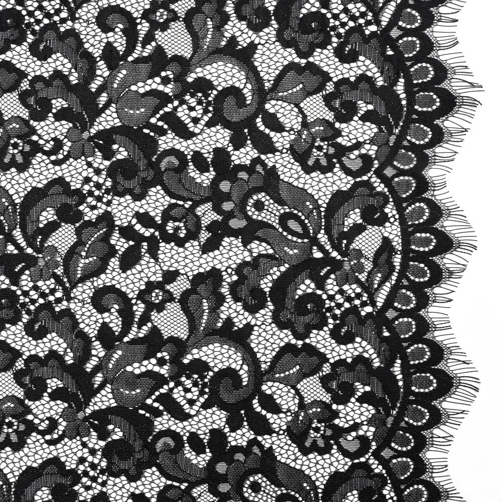 Nylon and Rayon Raschel Lace Panel with Finished Edges - Black Florals and Curls
