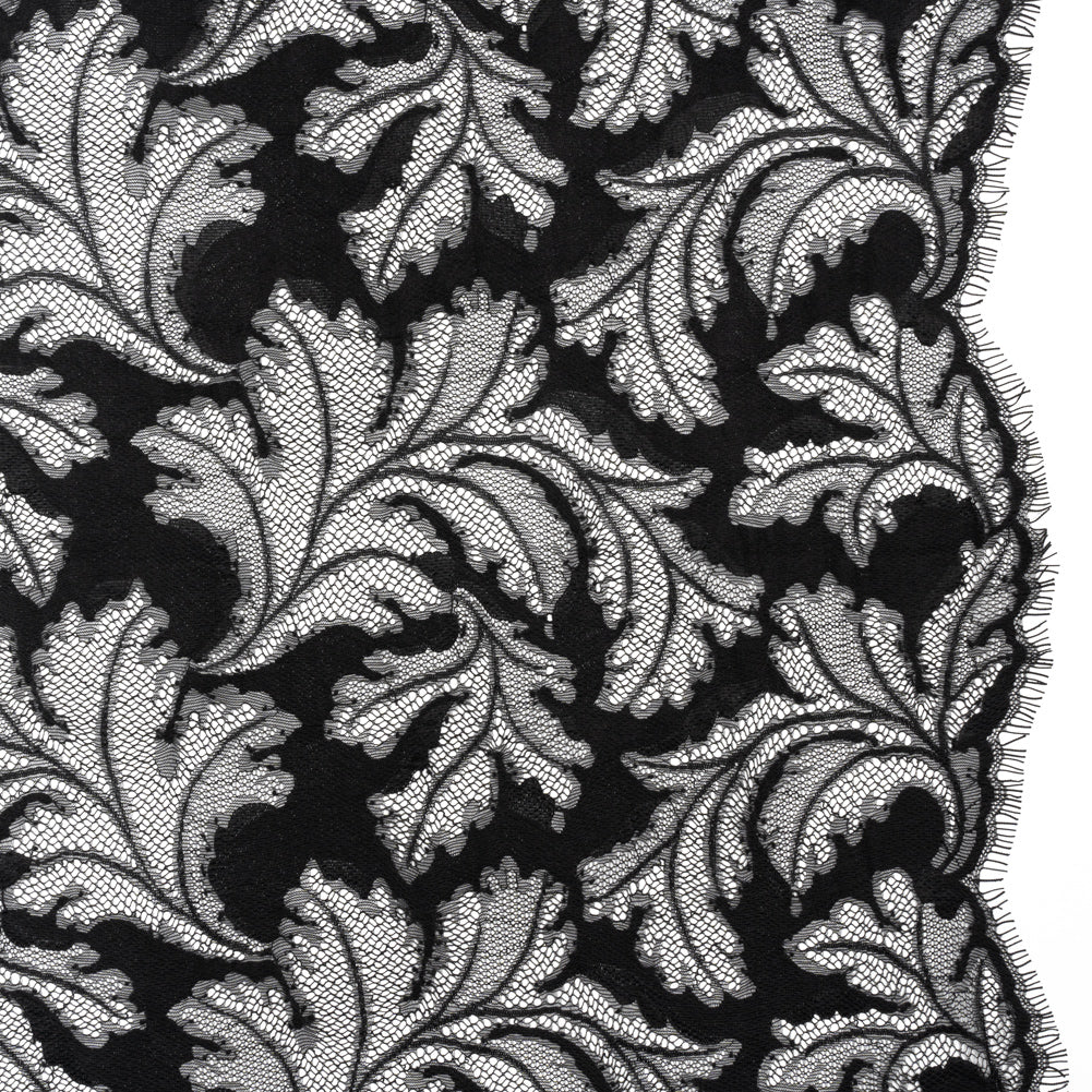Nylon and Rayon Raschel Lace Panel with Finished Edges - Black Floating Leaves