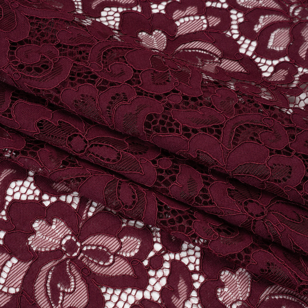 Corded Lace Panel with Petal Scalloped And Fringed Edges - Burgundy Floral