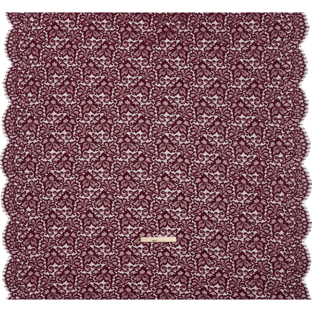 Corded Lace Panel with Petal Scalloped And Fringed Edges - Burgundy Floral