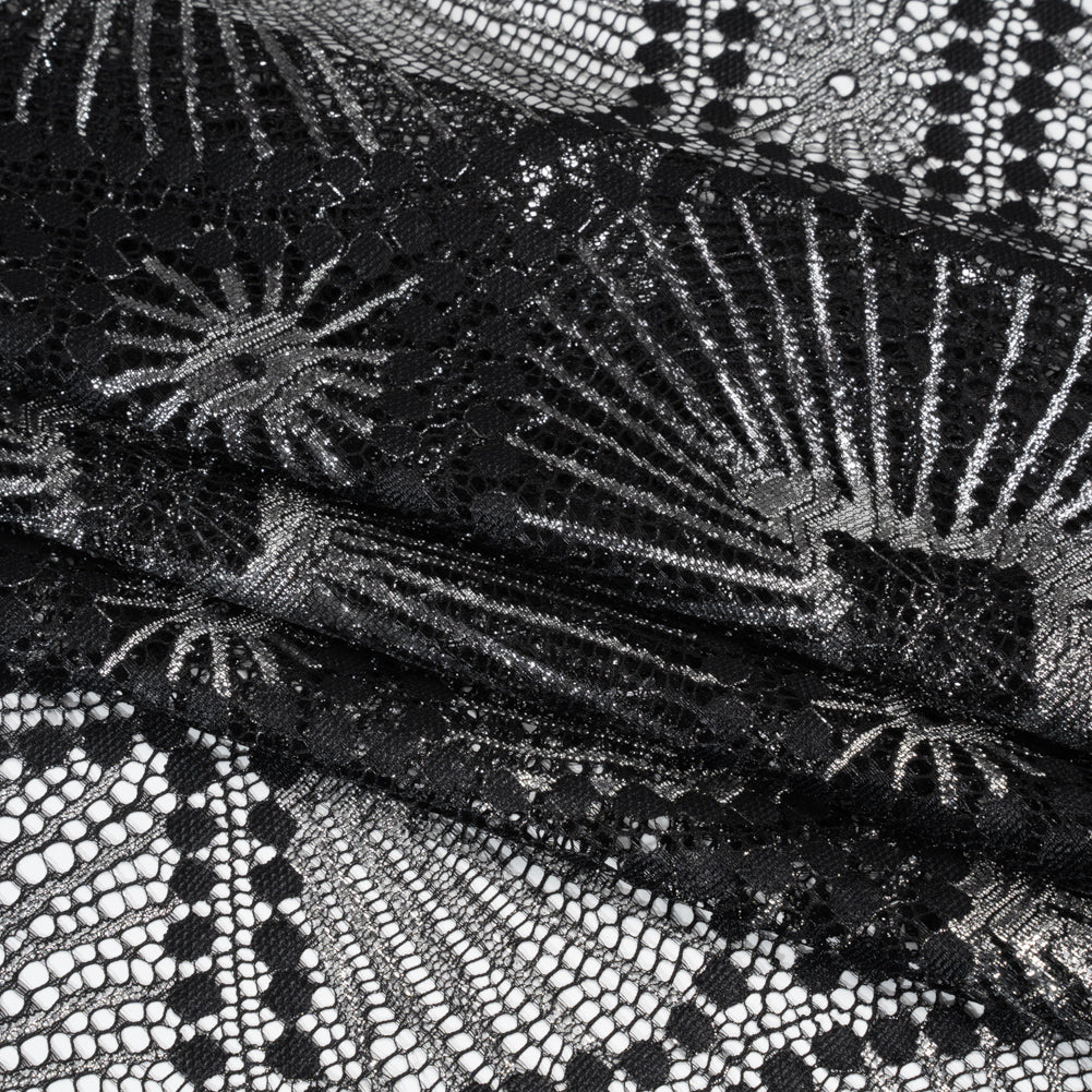 Metallic Raschel Lace Panel with Finished Edges - Black and Silver Sun Ray Ogees
