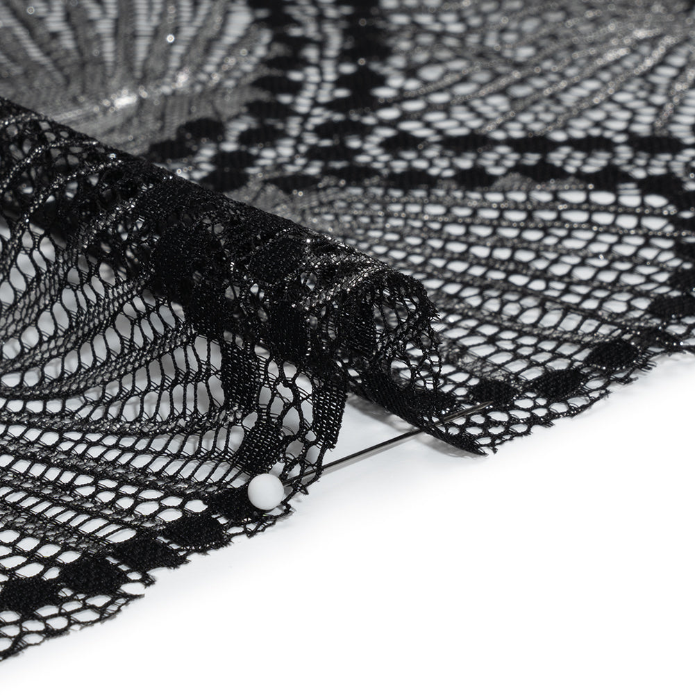Metallic Raschel Lace Panel with Finished Edges - Black and Silver Sun Ray Ogees