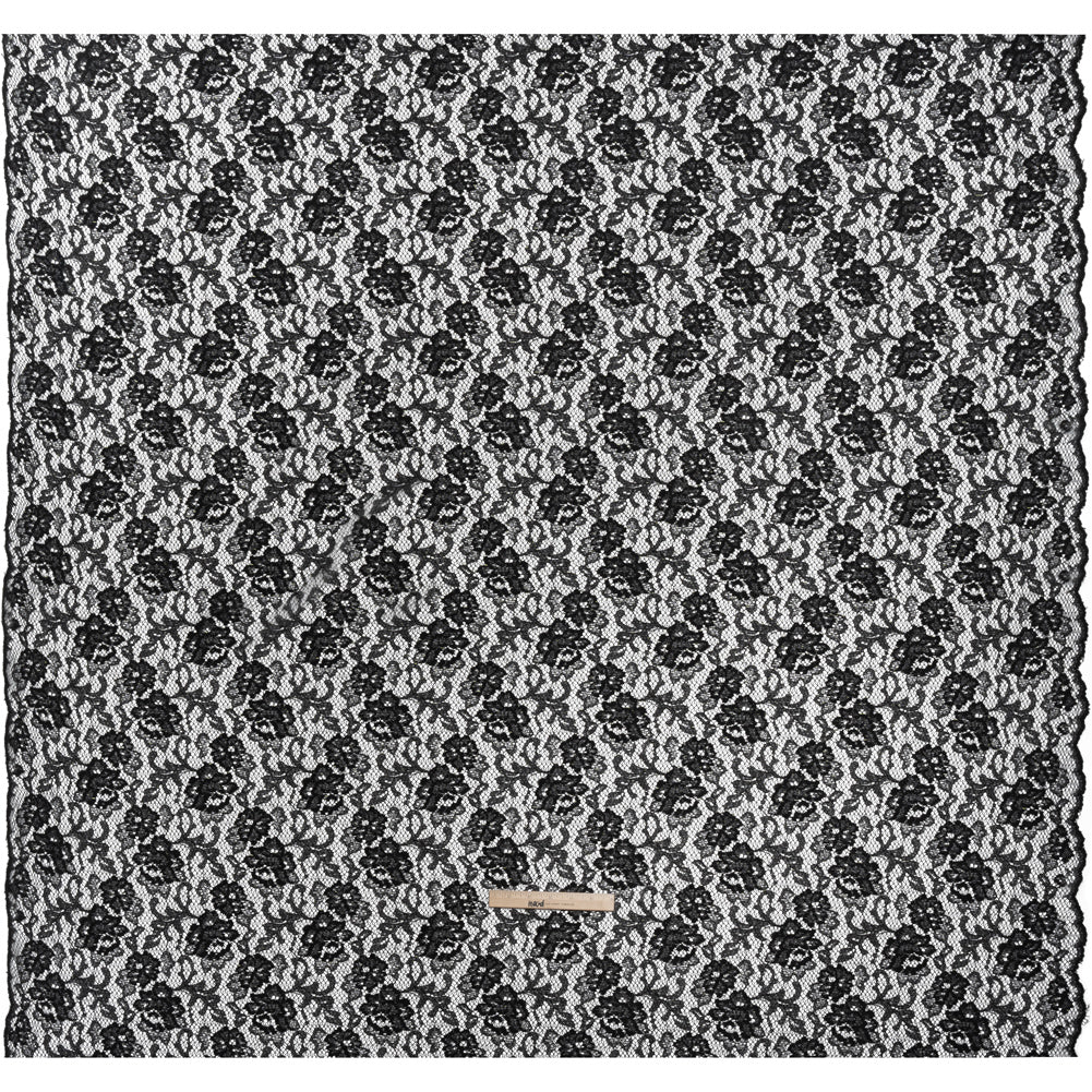 Raschel Lace with Finished Edges - Black Flowers and Leaves