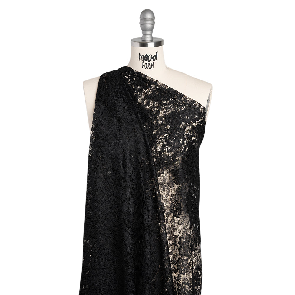 Raschel Lace with Finished Edges - Black Flowers and Leaves