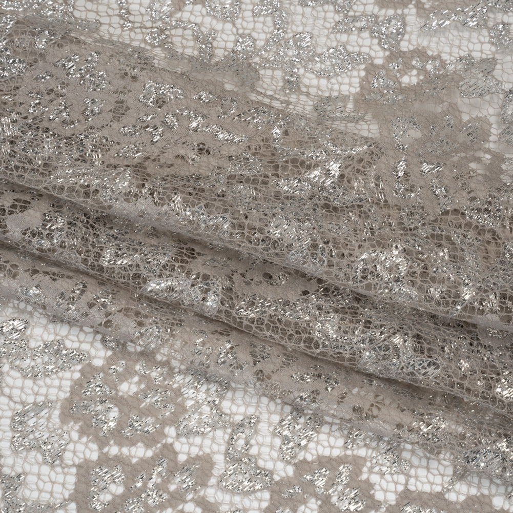 Metallic Raschel Lace with Finished Edges - Sandstone Gray and Silver Flowers and Leaves