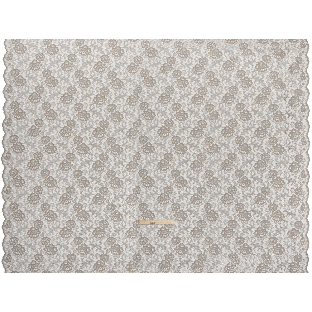 Metallic Raschel Lace with Finished Edges - Sandstone Gray and Silver Flowers and Leaves