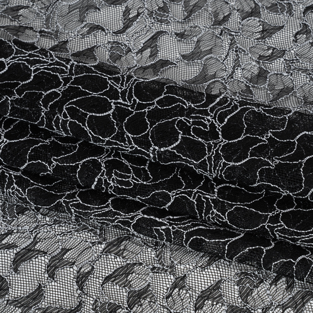 Corded Raschel Lace Panel with Finished Edges - Black and White Outlined Leaves