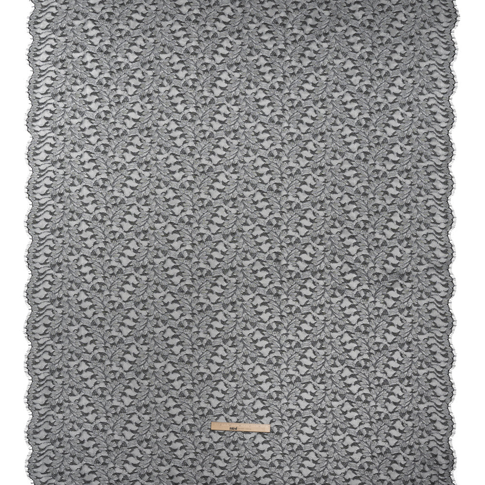 Corded Raschel Lace Panel with Finished Edges - Black and White Outlined Leaves
